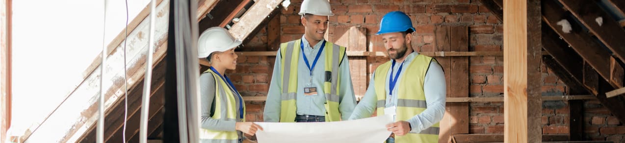 Image of three construction workers inside a residential home with a building plan in hand showing the type of business that would need homebuilders insurance.